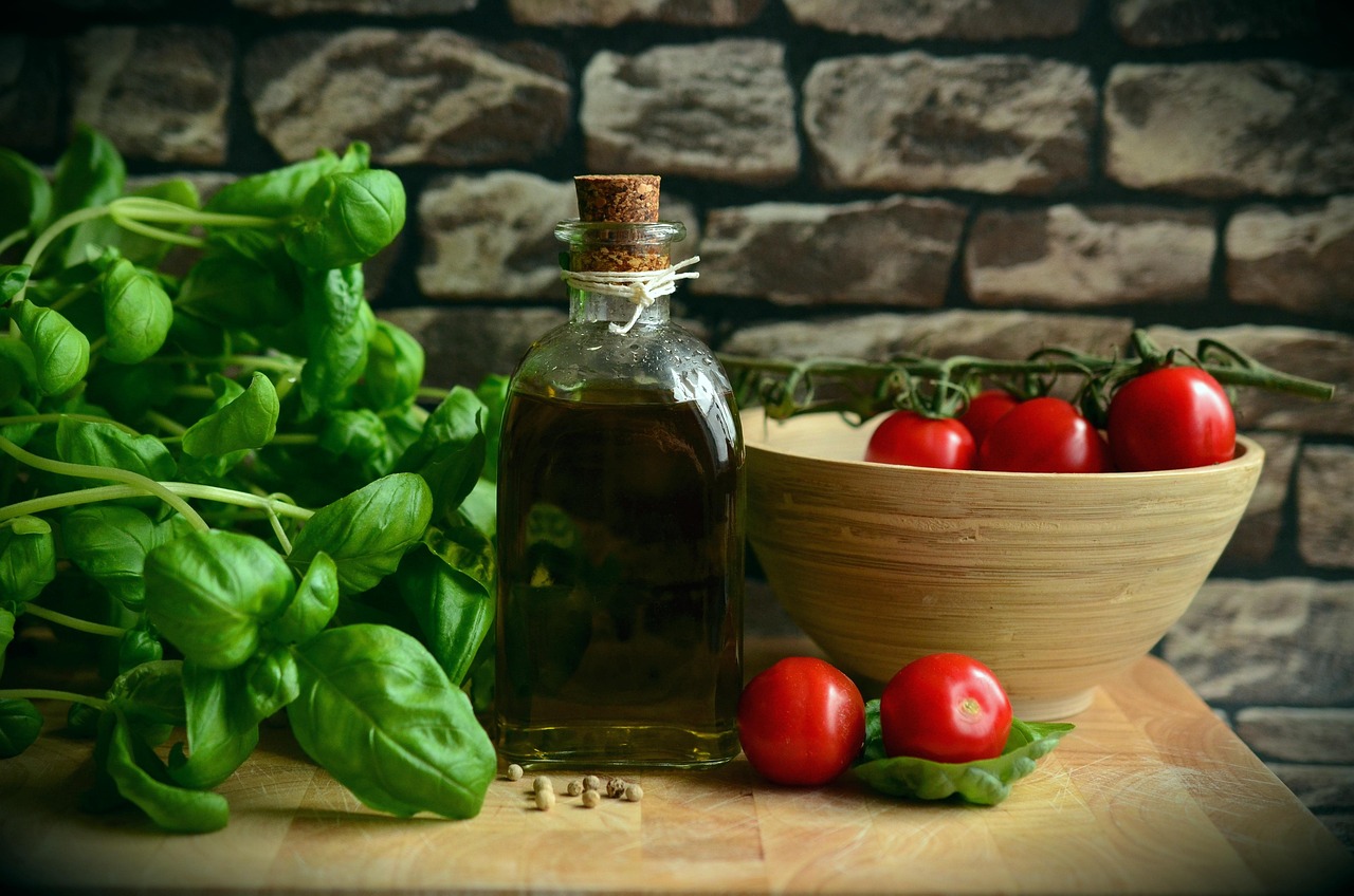 Olive oil, tomatoes, basil